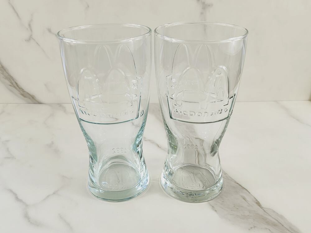 McDonald's Clear Tall Glass 16oz Drinking Glasses 6 1/2" Embossed Logo 1992 x2